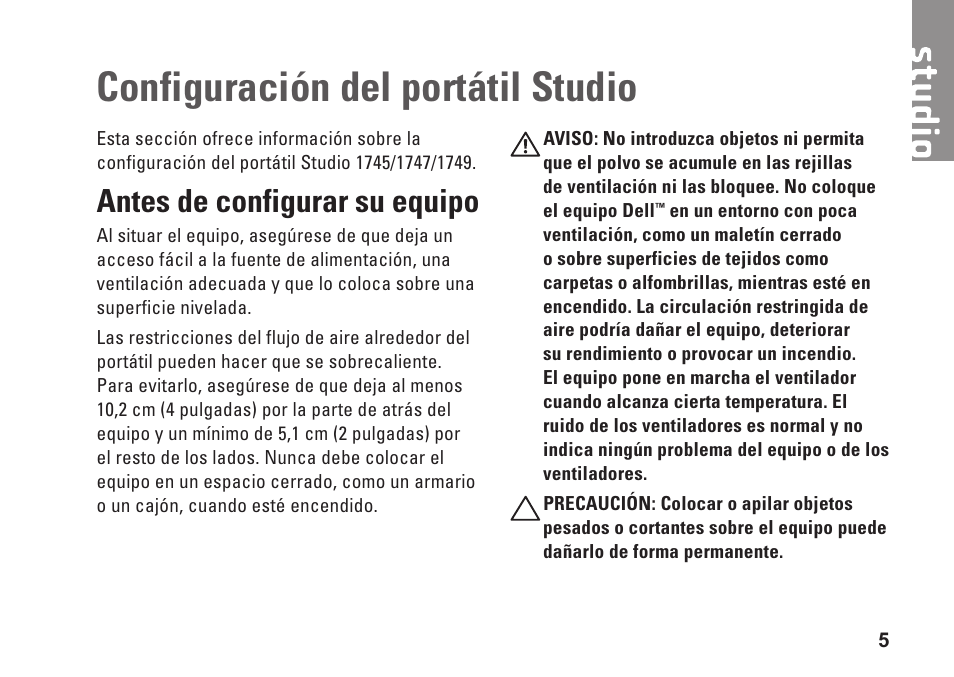 Configuración del portátil studio, Antes de configurar su equipo | Dell Studio 1747 (Late 2009) User Manual | Page 7 / 104