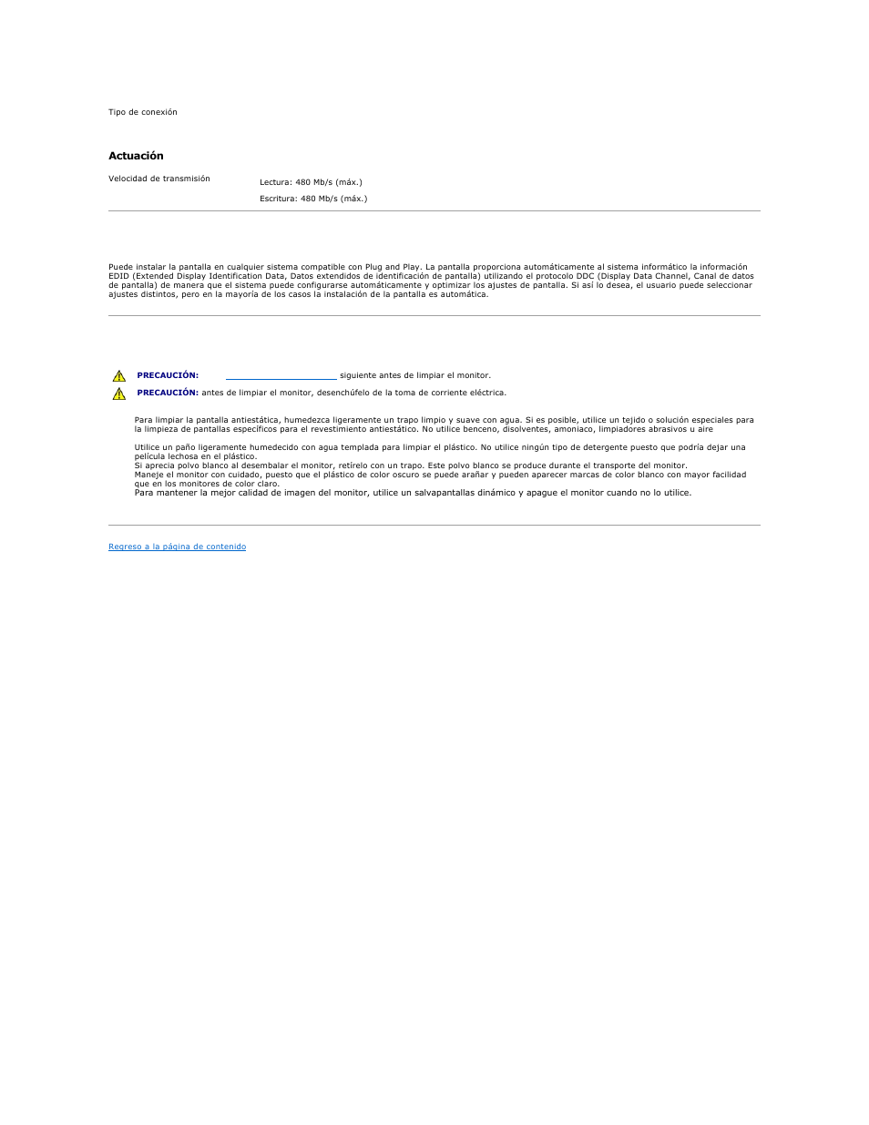 Capacidad plug and play, Cuidado del monitor | Dell 2407WFP-HC Monitor User Manual | Page 11 / 49