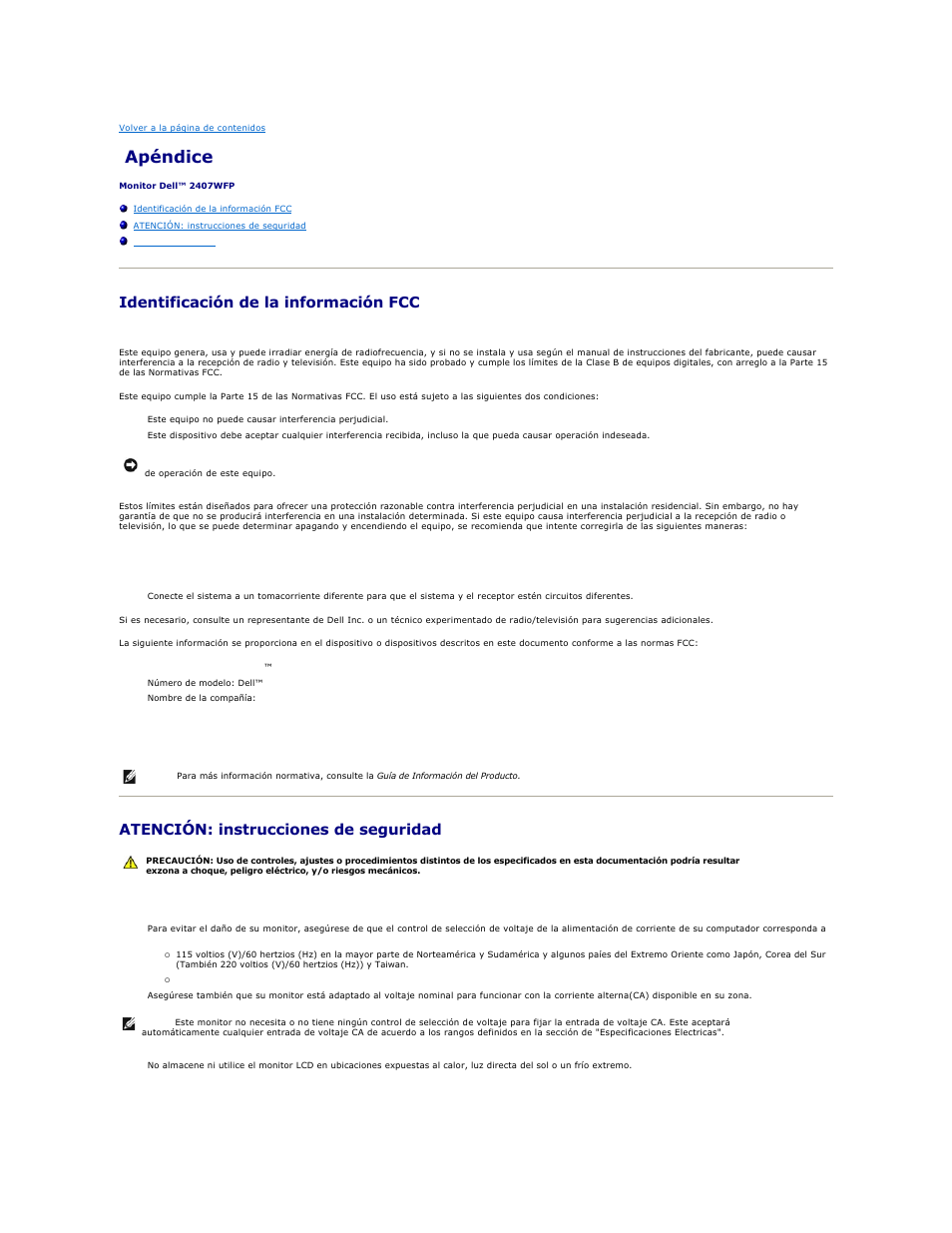 Apéndice, Identificación de la información fcc, Atención: instrucciones de seguridad | Dell 2407WFP-HC Monitor User Manual | Page 12 / 49