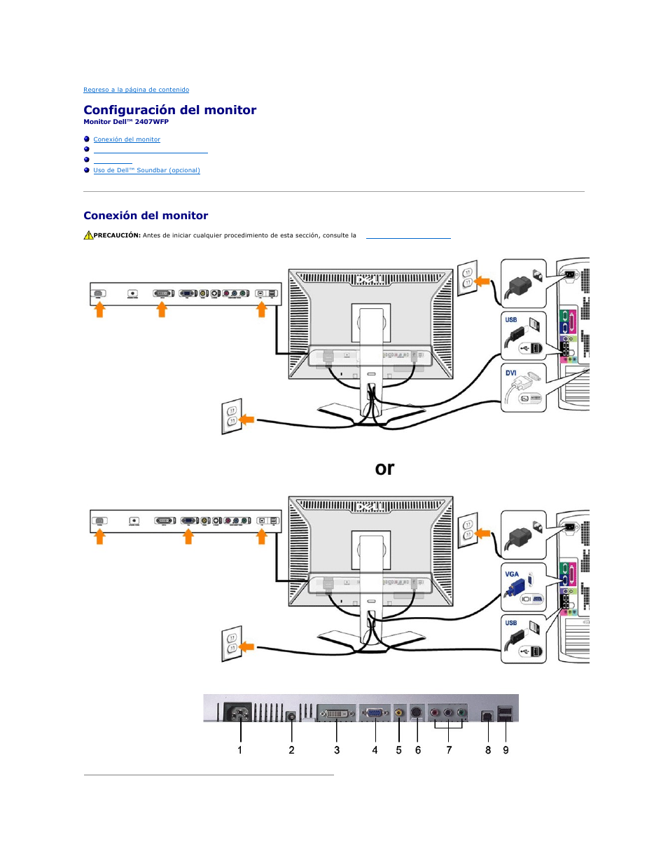 Configuración del monitor, Conexión del monitor | Dell 2407WFP-HC Monitor User Manual | Page 30 / 49