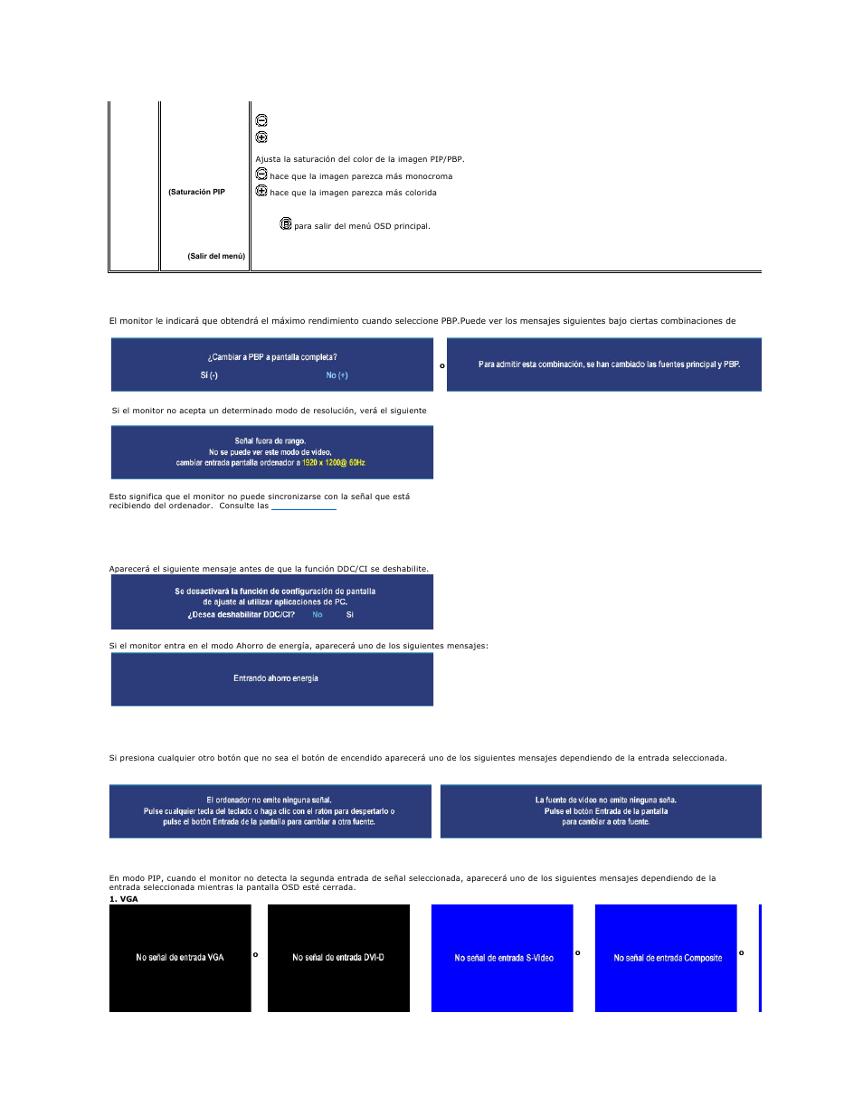Mensajes de advertencia de la osd | Dell 2407WFP-HC Monitor User Manual | Page 39 / 49