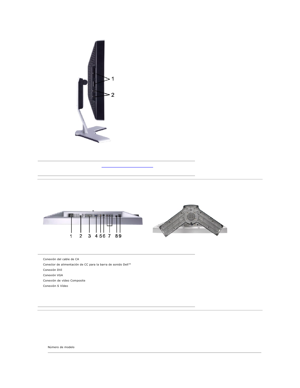 Vista inferior, Especificaciones del monitor, General | Dell 2407WFP-HC Monitor User Manual | Page 4 / 49