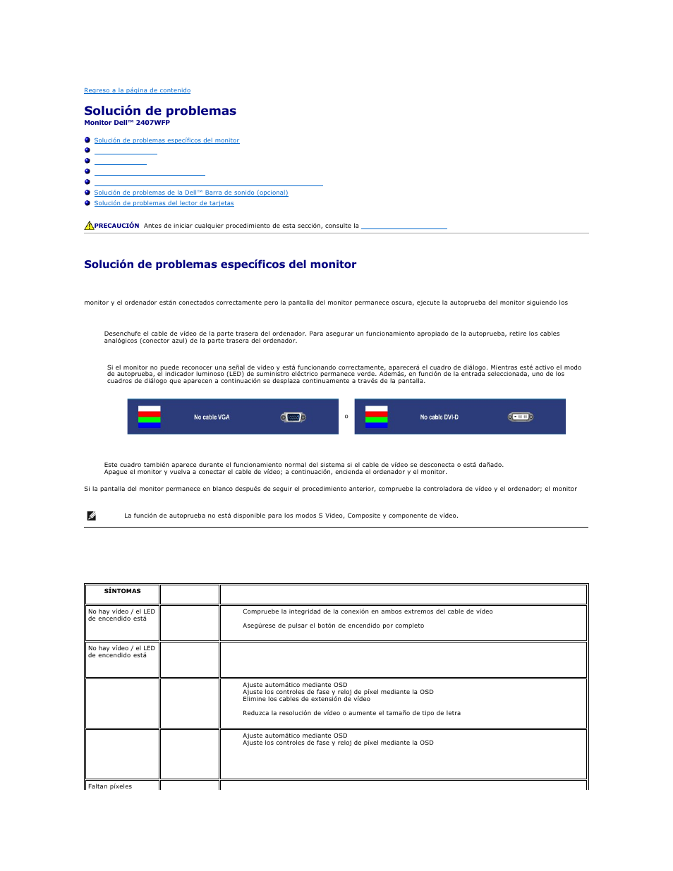 Solución de problemas, Solución de problemas específicos del monitor, Problemas comunes | Dell 2407WFP-HC Monitor User Manual | Page 42 / 49