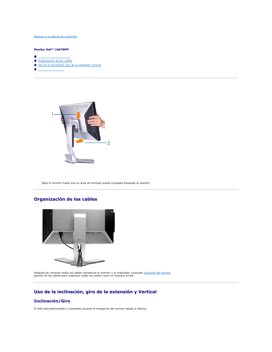 Uso del soporte ajustable del monitor, Acoplamiento del soporte, Organización de los cables | Inclinación/giro | Dell 2407WFP-HC Monitor User Manual | Page 47 / 49