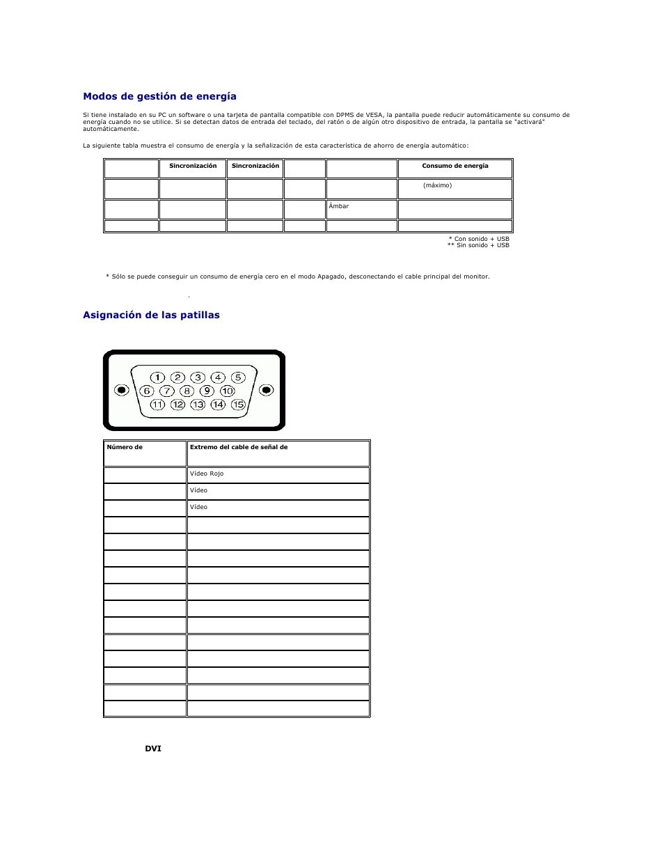 Modos de gestión de energía, Asignación de las patillas | Dell 2407WFP-HC Monitor User Manual | Page 7 / 49