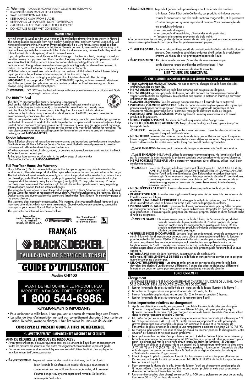 Guide d’utilisation, Français | Black & Decker CHT400 User Manual | Page 2 / 4