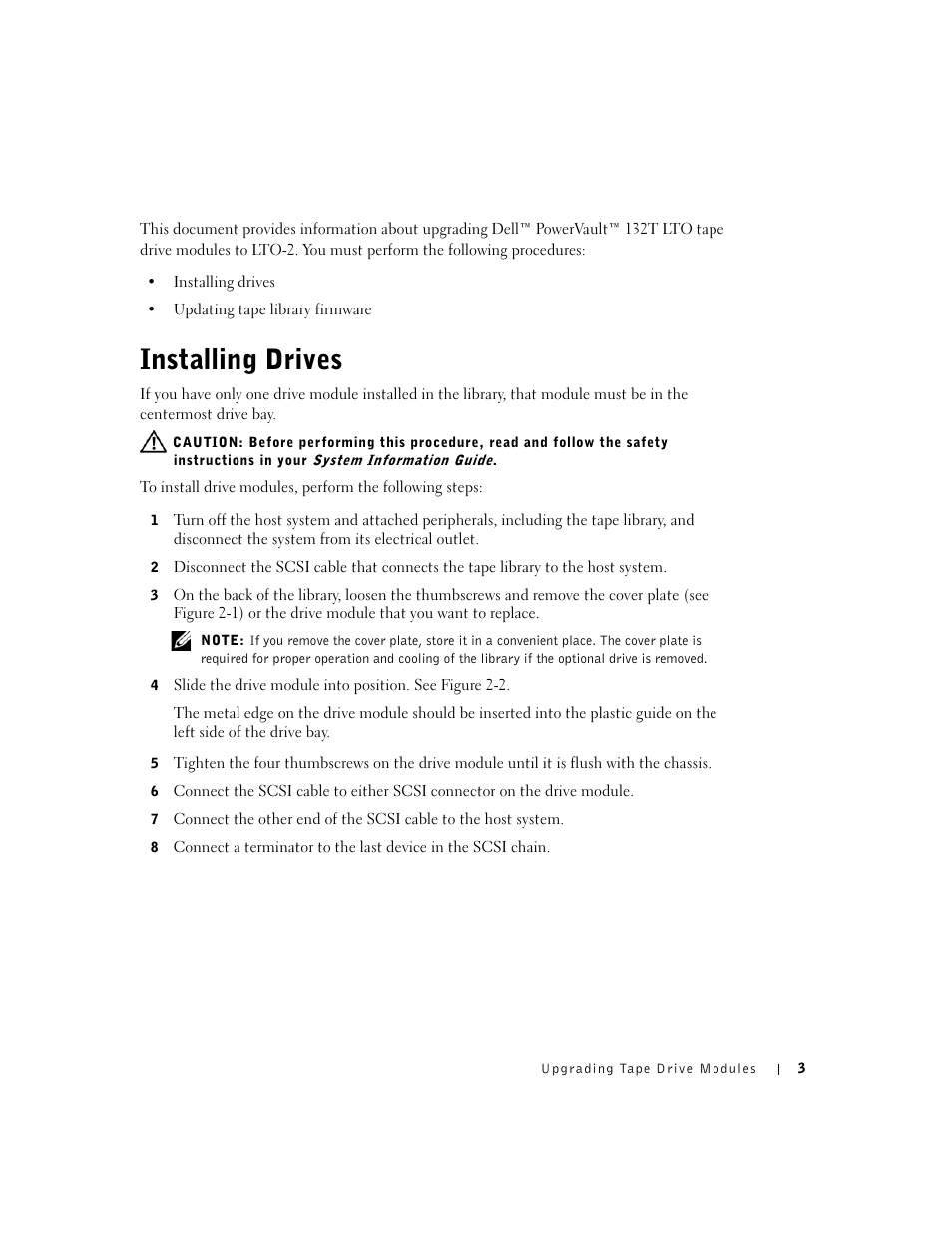 Installing drives | Dell PowerVault 132T LTO/SDLT (Tape Library) User Manual | Page 3 / 42