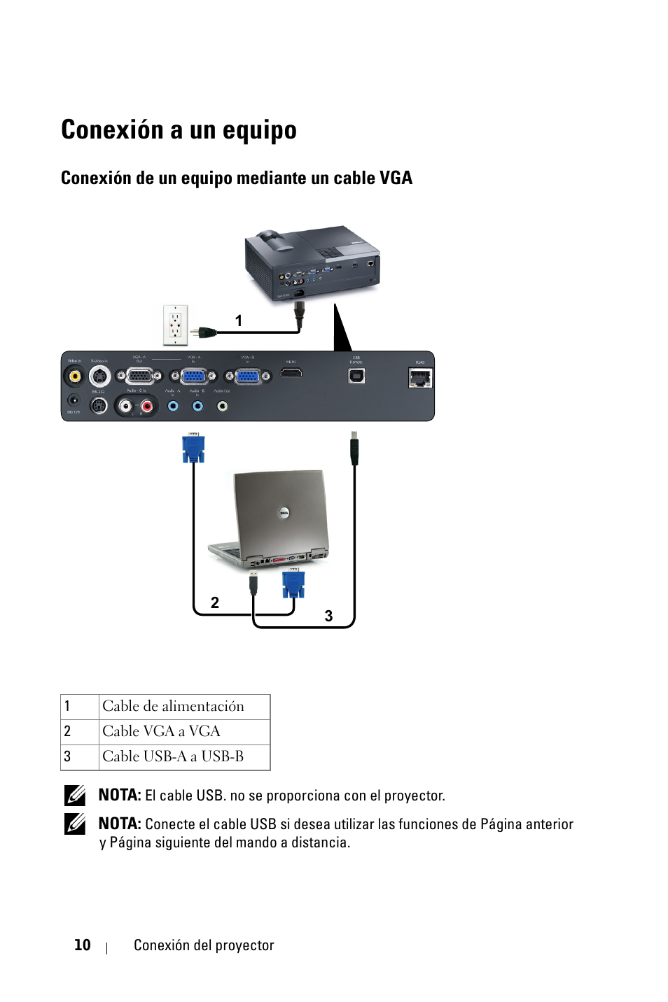 Conexión a un equipo, Conexión de un equipo mediante un cable vga, Conexión de un equipo mediante un cable | Dell 4210X Projector User Manual | Page 10 / 82