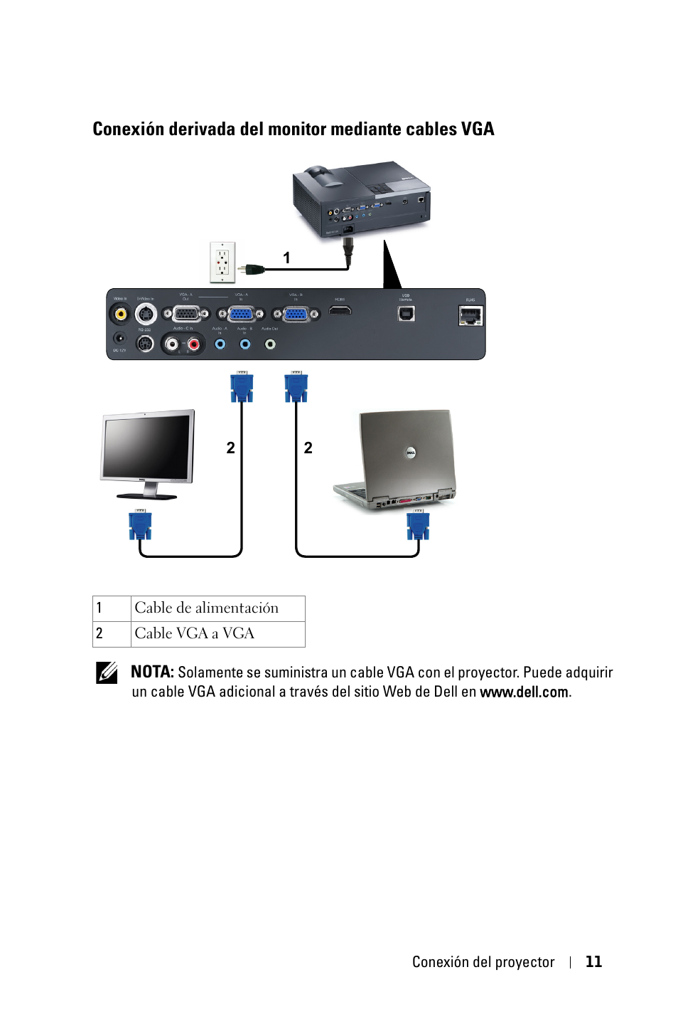 Conexión derivada del monitor mediante cables vga, Conexión derivada del monitor mediante, Cables vga | Dell 4210X Projector User Manual | Page 11 / 82