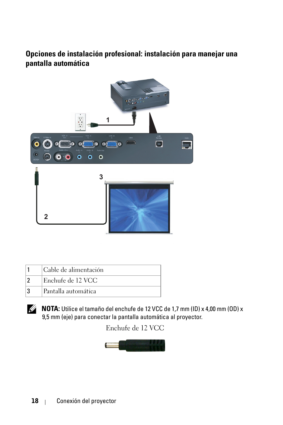 Opciones de instalación profesional: instalación, Para manejar una pantalla automática | Dell 4210X Projector User Manual | Page 18 / 82