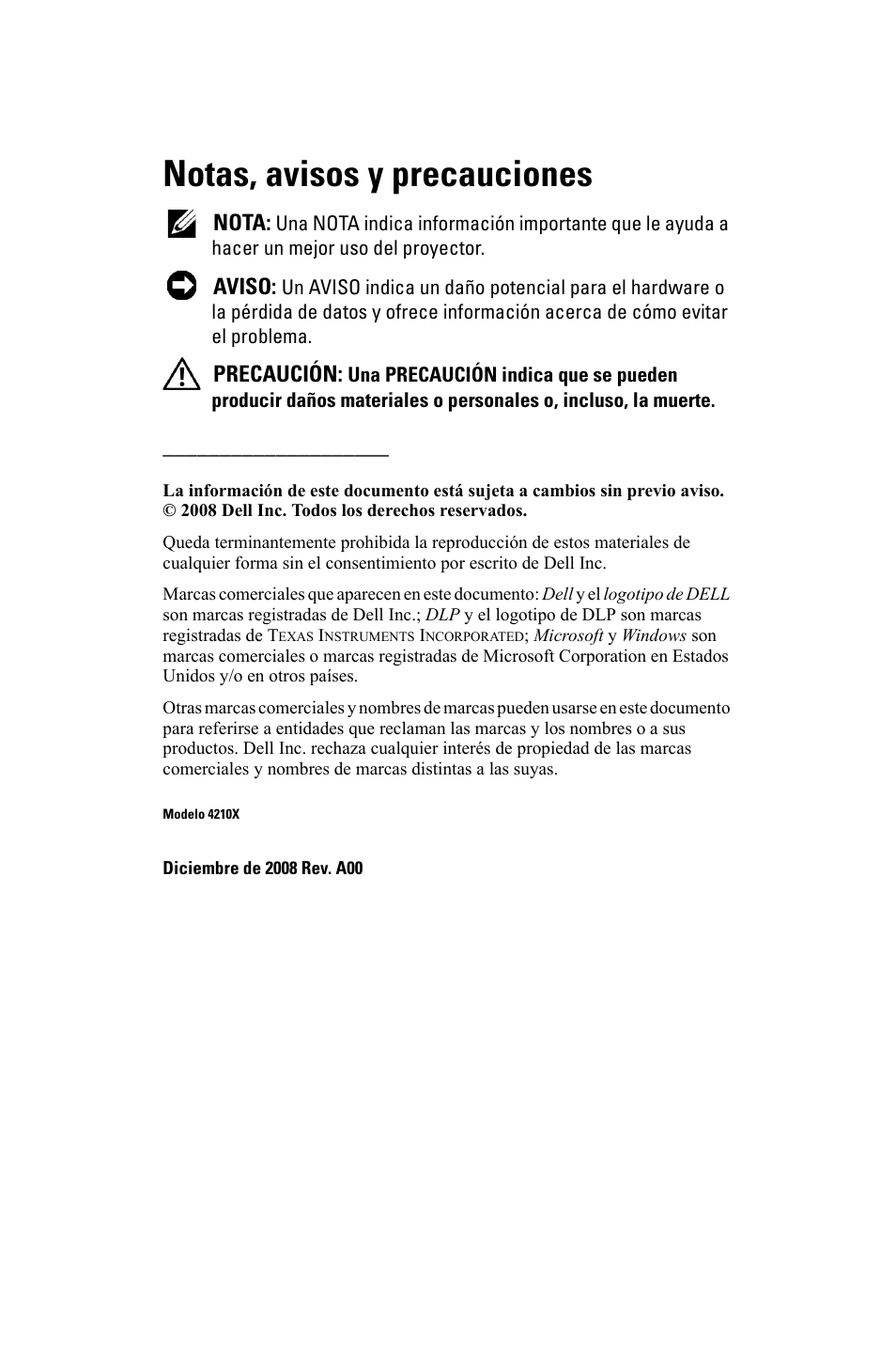 Notas, avisos y precauciones | Dell 4210X Projector User Manual | Page 2 / 82