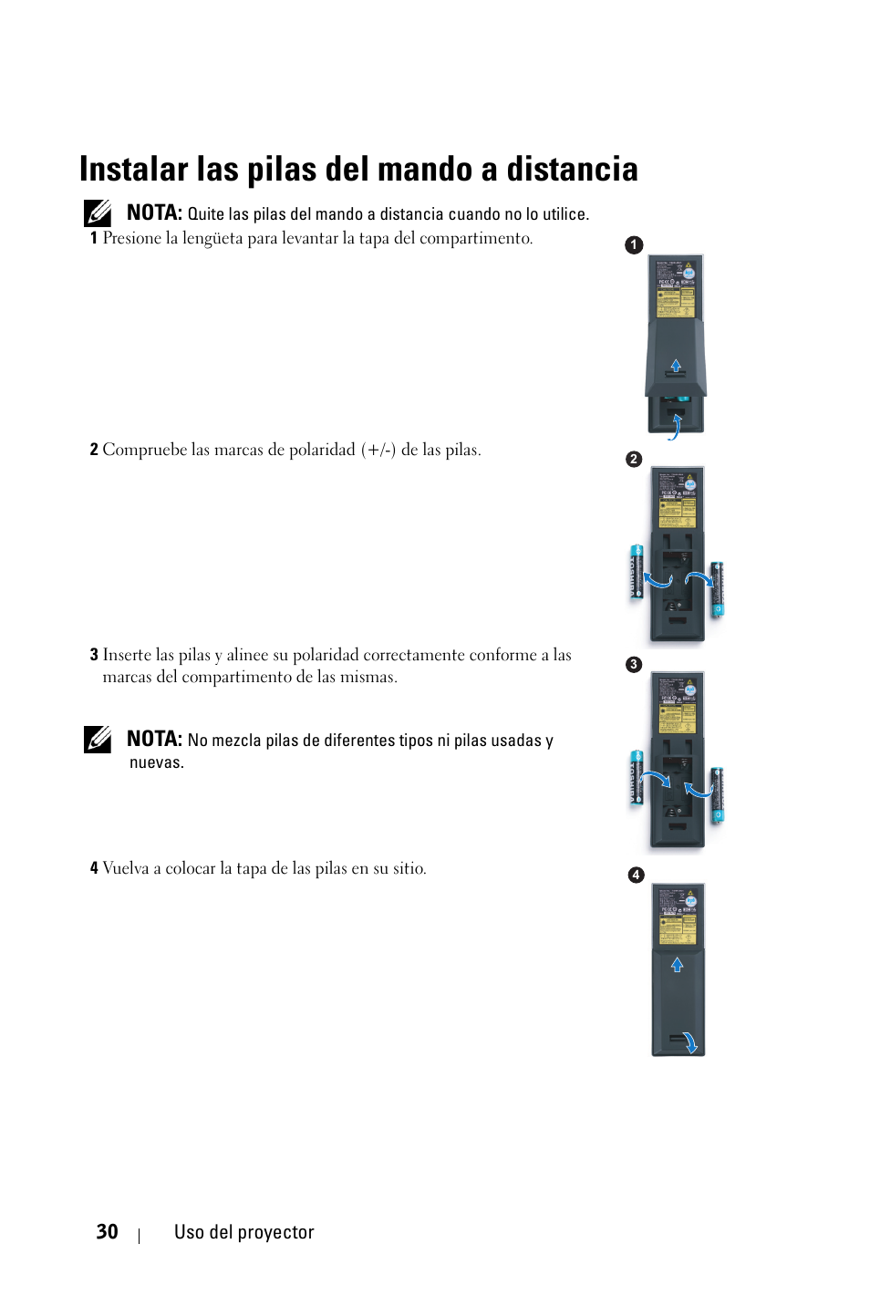 Instalar las pilas del mando a distancia | Dell 4210X Projector User Manual | Page 30 / 82