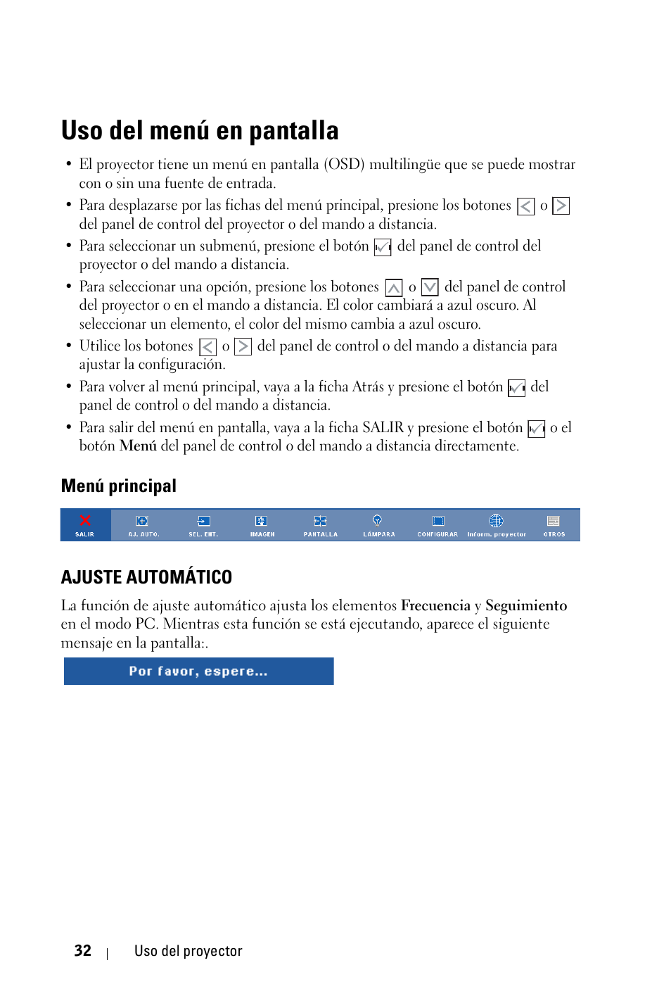 Uso del menú en pantalla, Menú principal, Ajuste automático | Menú principal ajuste automático | Dell 4210X Projector User Manual | Page 32 / 82