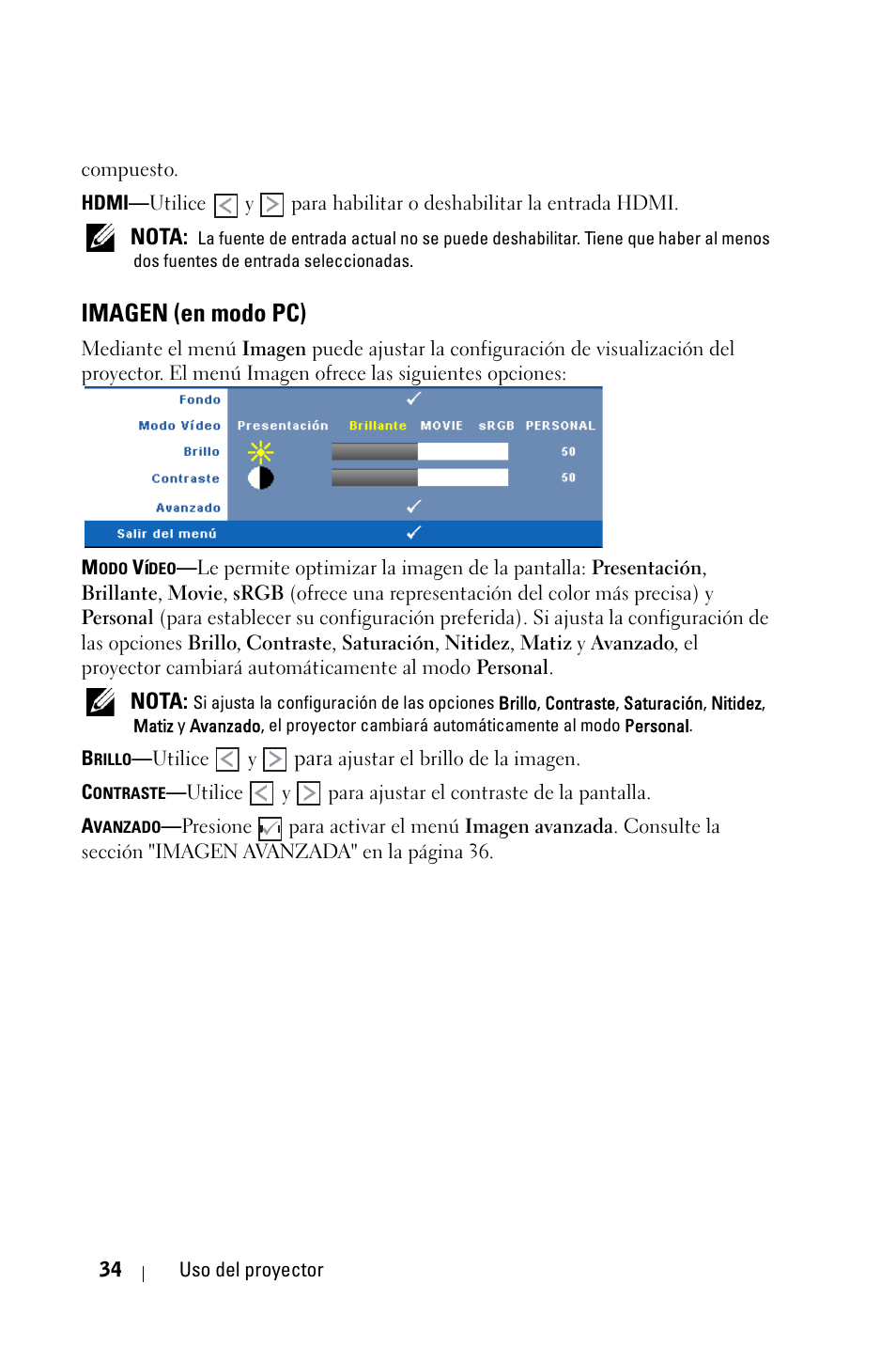 Imagen (en modo pc) | Dell 4210X Projector User Manual | Page 34 / 82