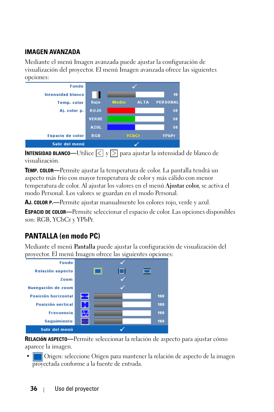 Imagen avanzada, Pantalla (en modo pc) | Dell 4210X Projector User Manual | Page 36 / 82