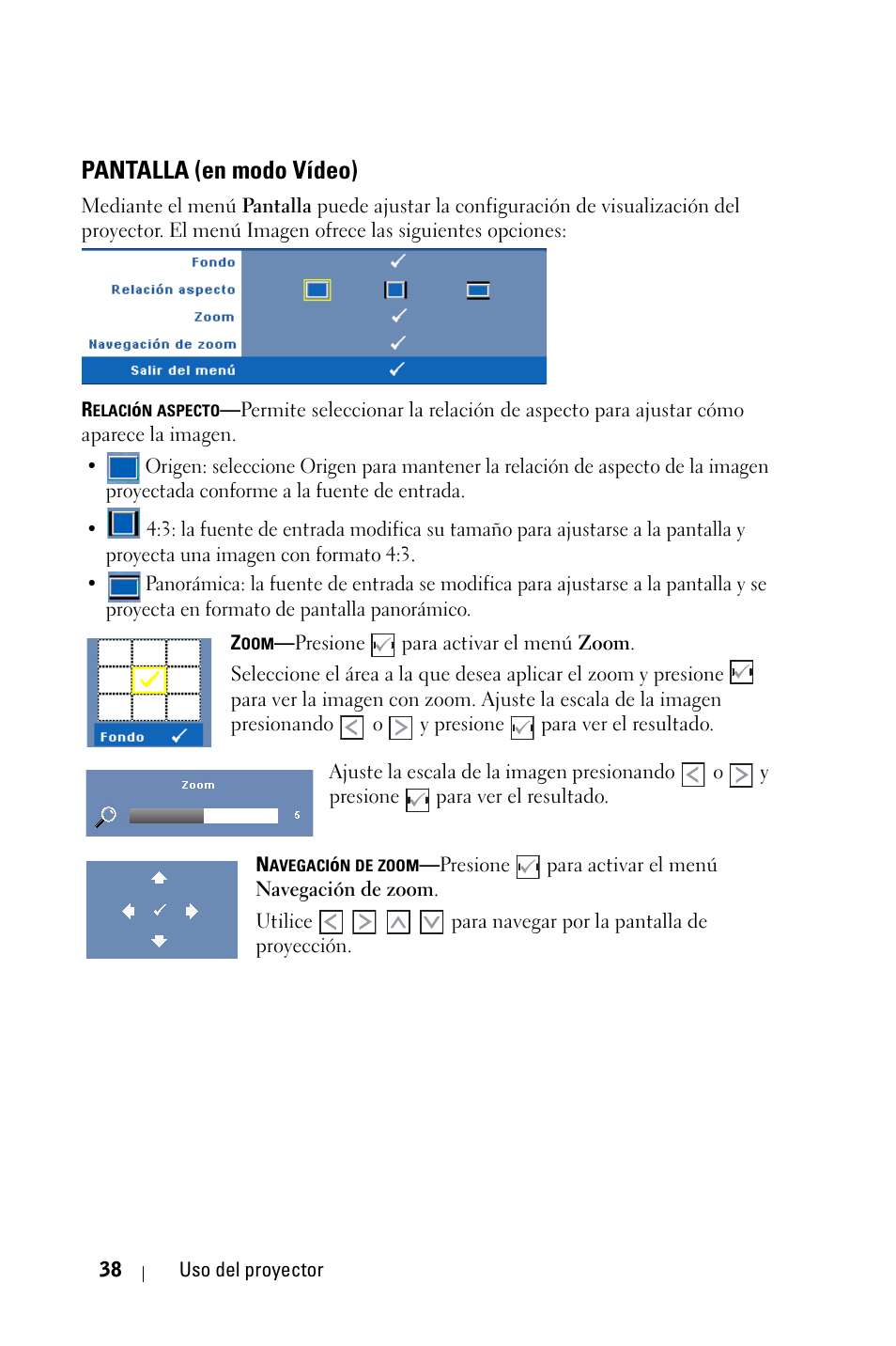 Pantalla (en modo vídeo) | Dell 4210X Projector User Manual | Page 38 / 82