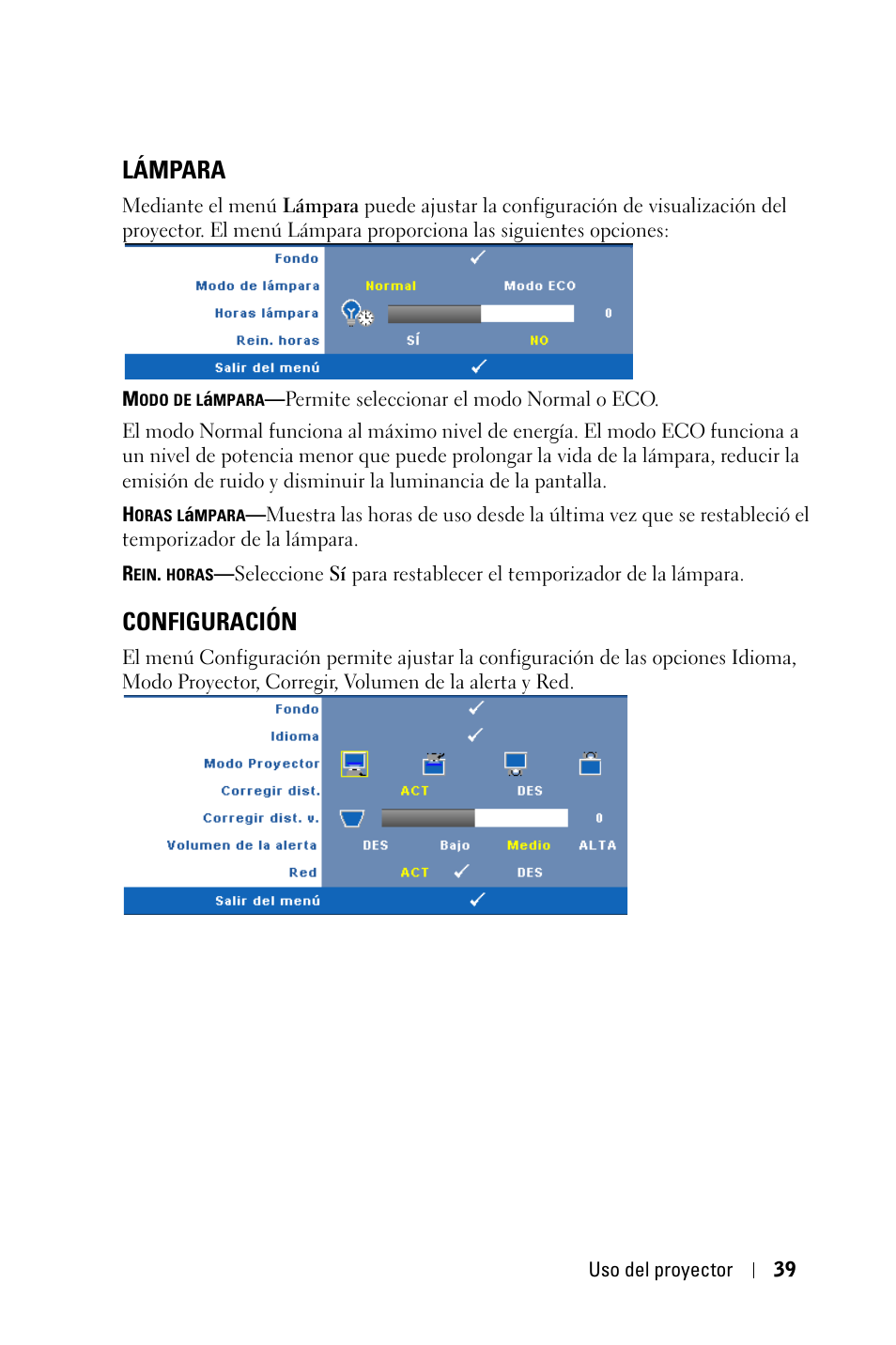 Lámpara, Configuración | Dell 4210X Projector User Manual | Page 39 / 82