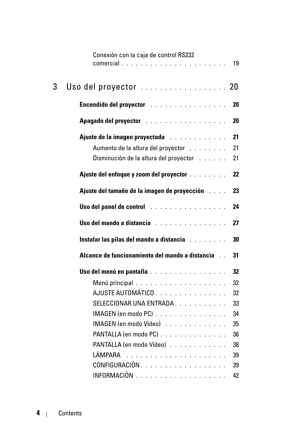 3 uso del proyector 20, 3 uso del proyector | Dell 4210X Projector User Manual | Page 4 / 82