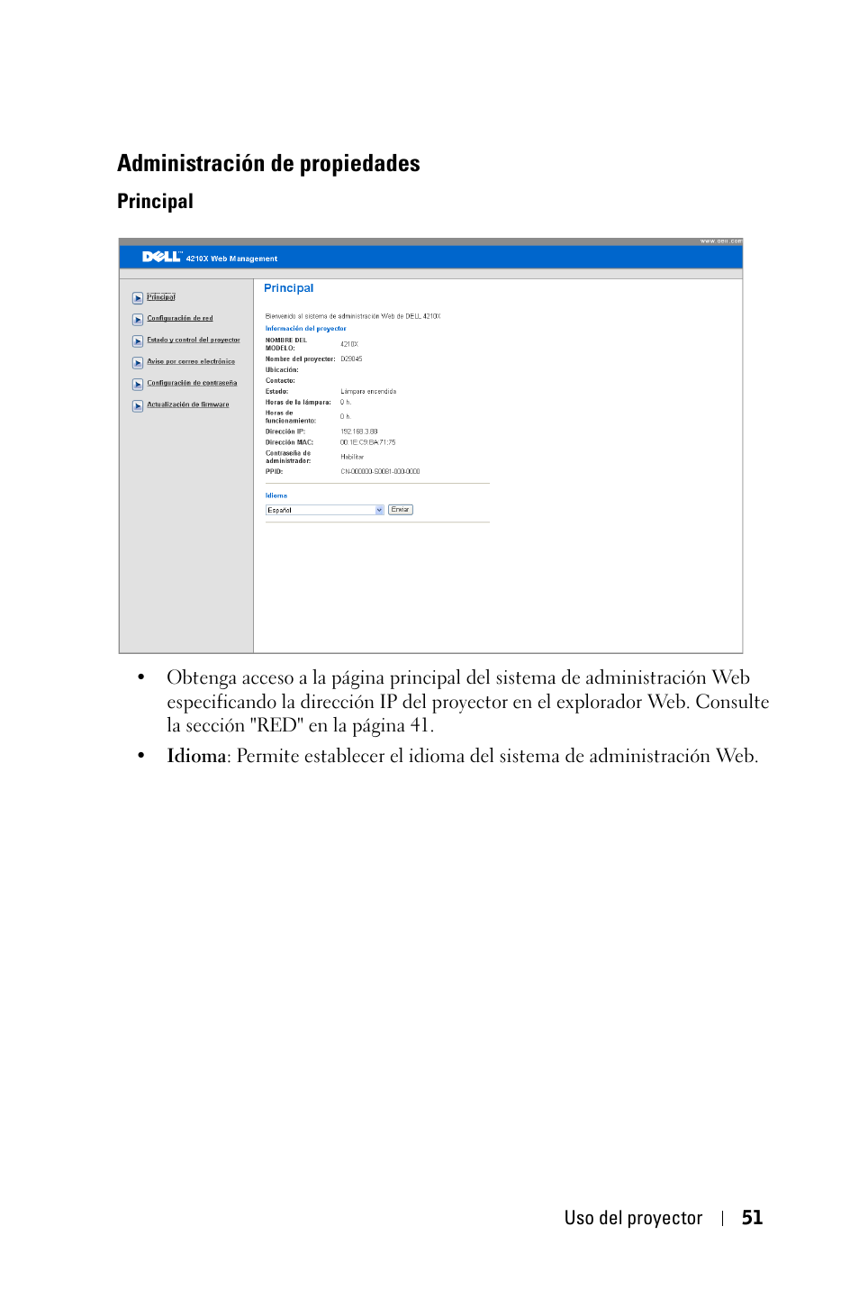 Administración de propiedades, Principal | Dell 4210X Projector User Manual | Page 51 / 82