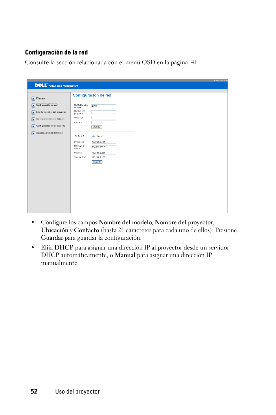 Configuración de la red | Dell 4210X Projector User Manual | Page 52 / 82