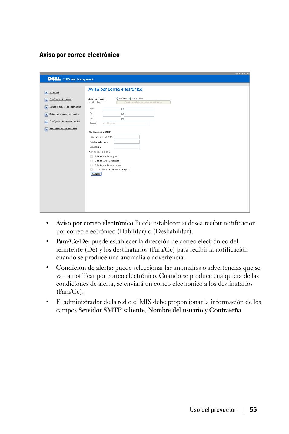 Aviso por correo electrónico | Dell 4210X Projector User Manual | Page 55 / 82