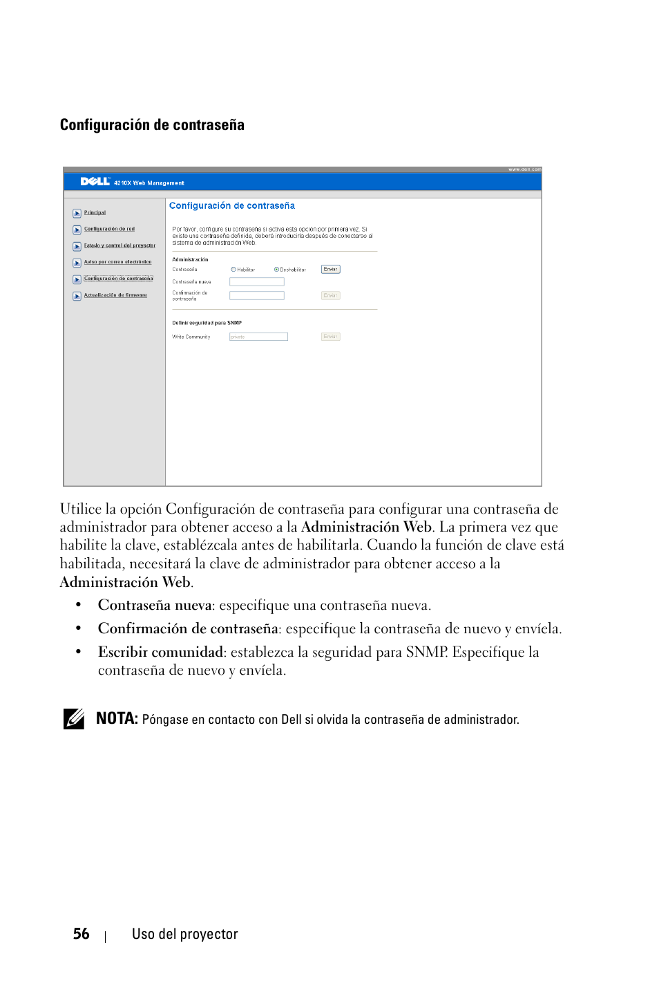 Configuración de contraseña | Dell 4210X Projector User Manual | Page 56 / 82