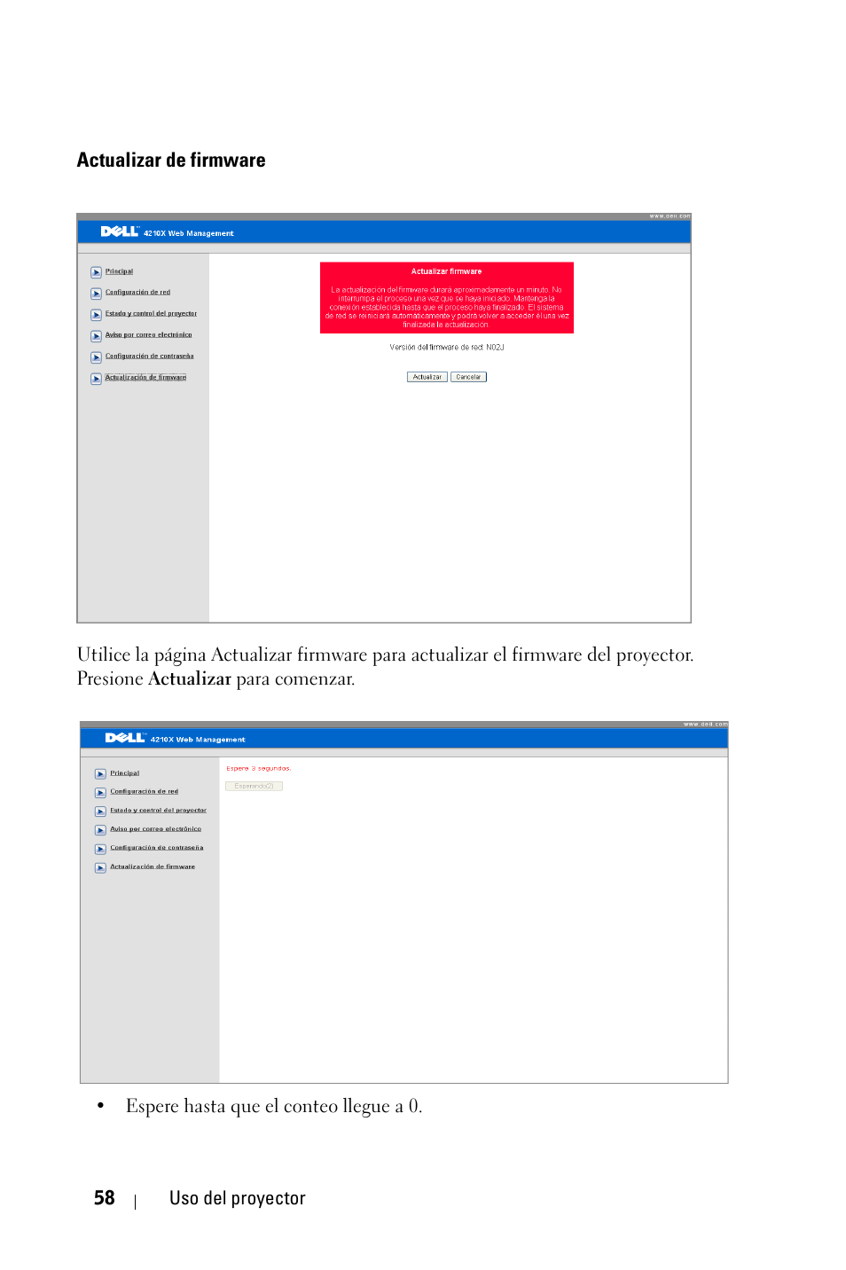 Actualizar de firmware | Dell 4210X Projector User Manual | Page 58 / 82
