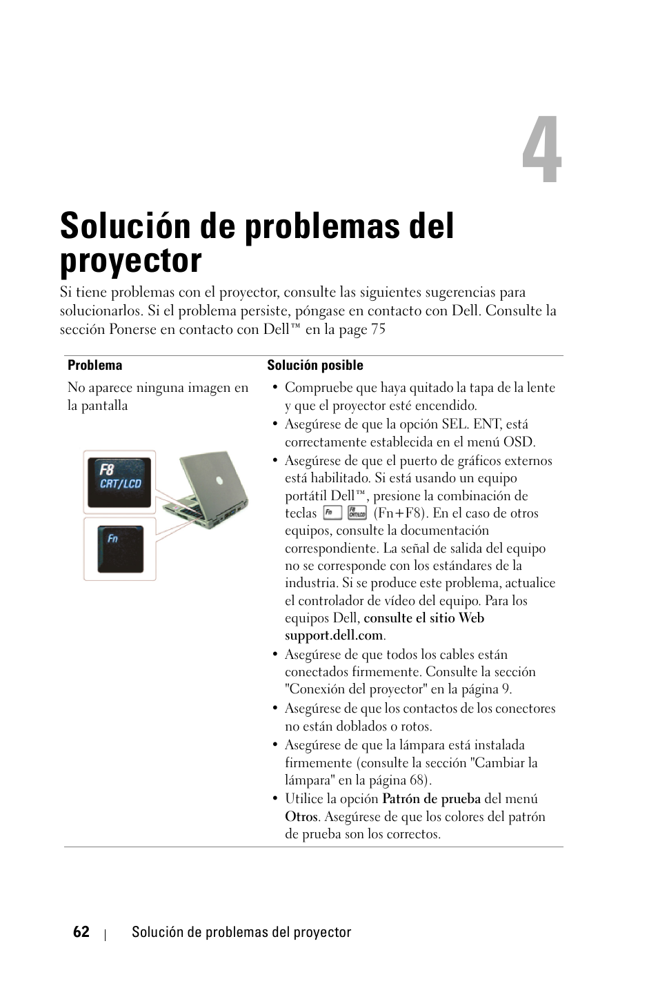 Solución de problemas del proyector, S "solución de problemas del proyector | Dell 4210X Projector User Manual | Page 63 / 82