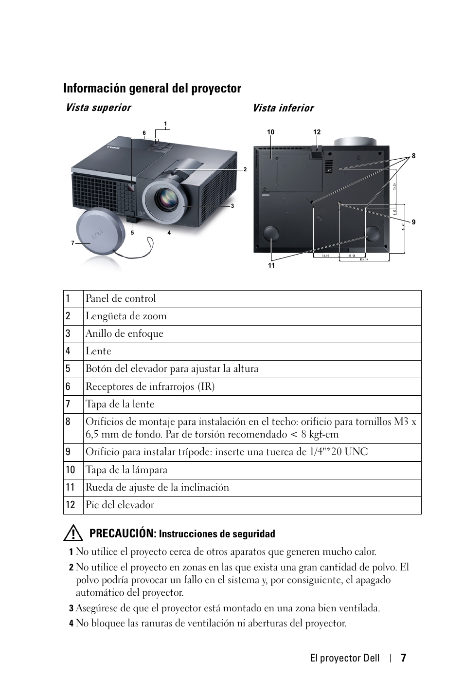 Información general del proyector, Vista superior, Precaución | Dell 4210X Projector User Manual | Page 7 / 82