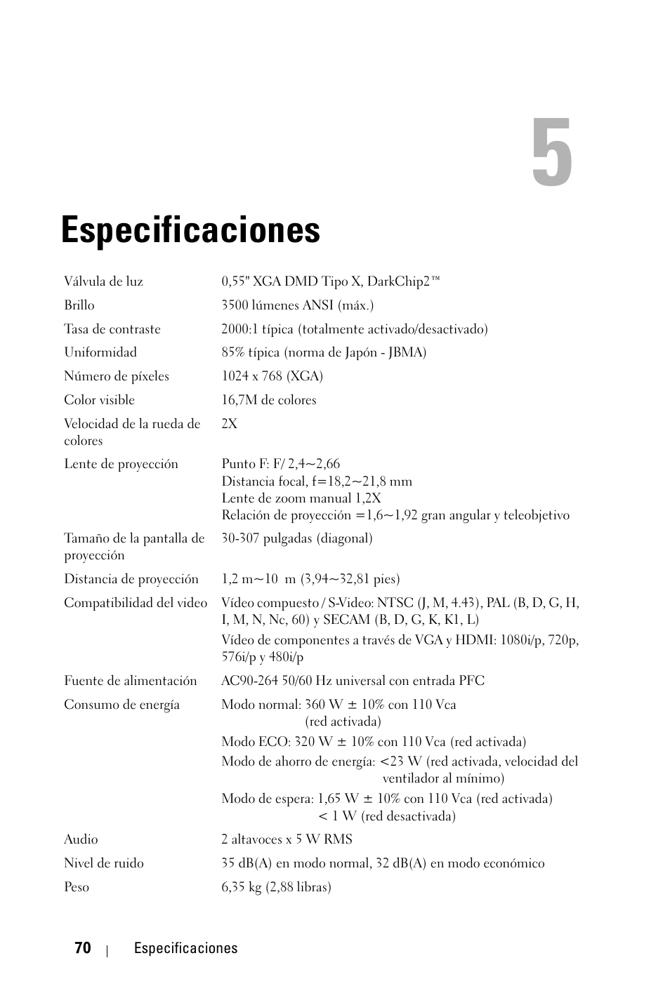 Especificaciones | Dell 4210X Projector User Manual | Page 71 / 82