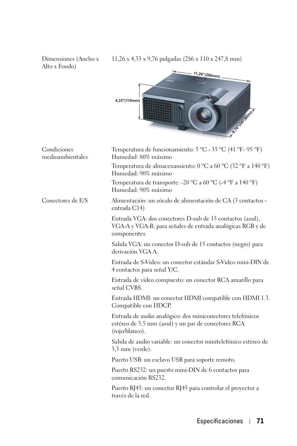 Especificaciones 71 | Dell 4210X Projector User Manual | Page 72 / 82