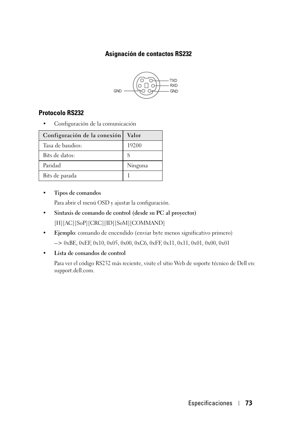 Asignación de contactos rs232, Protocolo rs232 | Dell 4210X Projector User Manual | Page 74 / 82