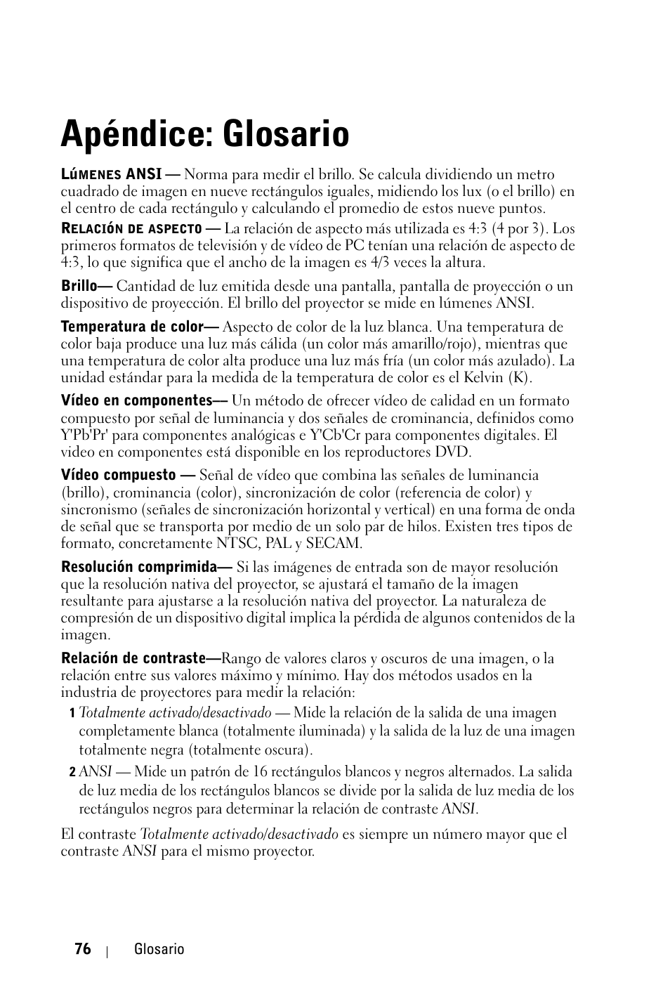 Apéndice: glosario | Dell 4210X Projector User Manual | Page 77 / 82