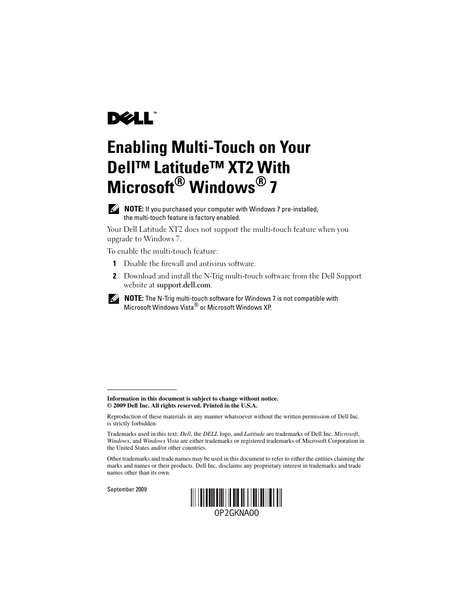 Dell Latitude XT2 (Early 2009) User Manual | 5 pages