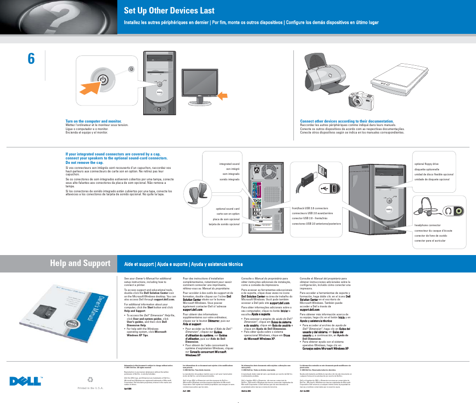 Set up other devices last, Help and support | Dell Dimension 4700 User Manual | Page 2 / 2