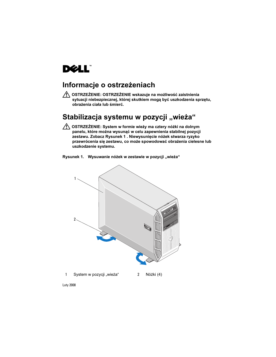 Informacje o ostrzeżeniach, Stabilizacja systemu w pozycji „wieża | Dell PowerEdge T605 User Manual | Page 17 / 26