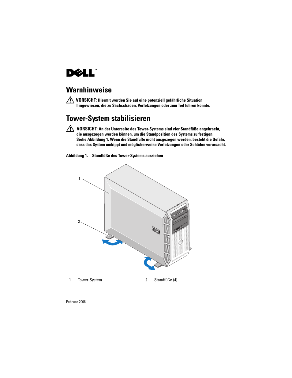 Warnhinweise, Tower-system stabilisieren | Dell PowerEdge T605 User Manual | Page 9 / 26