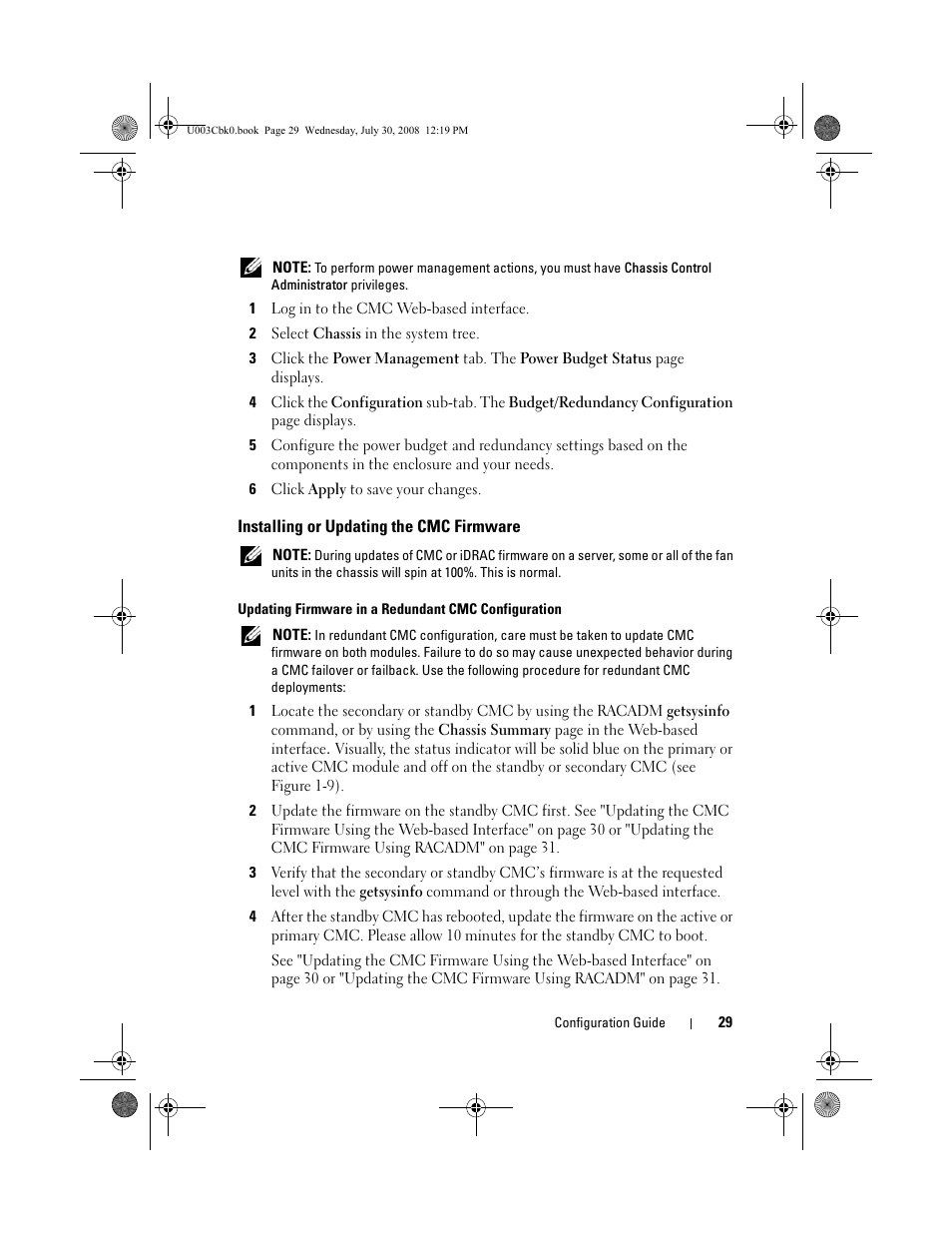 1 log in to the cmc web-based interface, 2 select chassis in the system tree, 6 click apply to save your changes | Installing or updating the cmc firmware, Updating firmware in a redundant cmc configuration | Dell POWEREDGE M905 User Manual | Page 31 / 232
