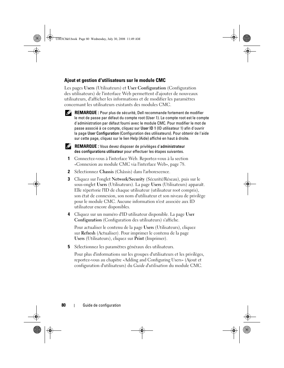 Ajout et gestion d'utilisateurs sur le module cmc | Dell POWEREDGE M905 User Manual | Page 82 / 232