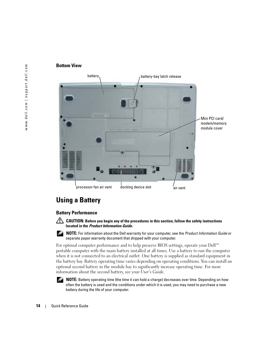 Bottom view, Using a battery, Battery performance | Dell Latitude D810 User Manual | Page 14 / 104