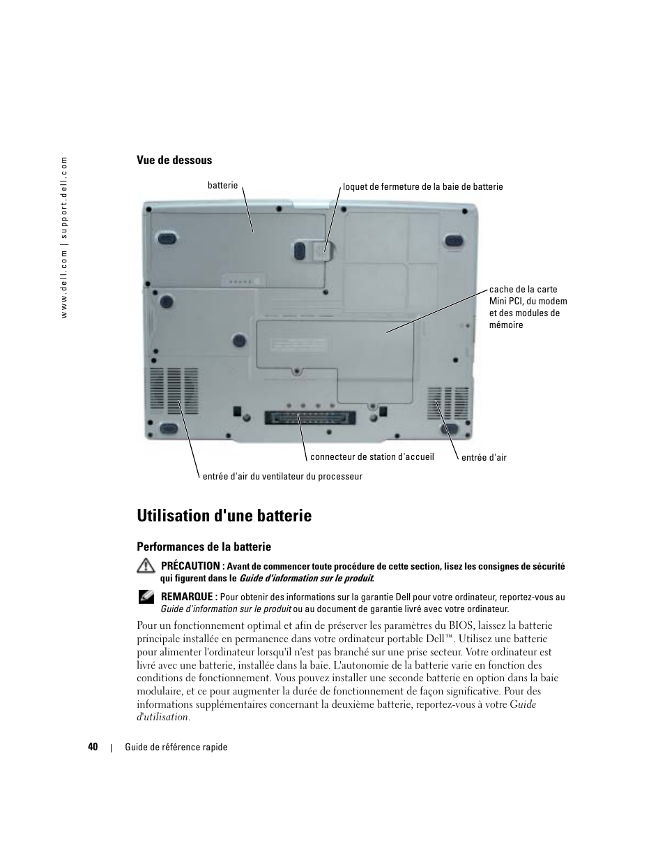 Vue de dessous, Utilisation d'une batterie, Performances de la batterie | Dell Latitude D810 User Manual | Page 40 / 104