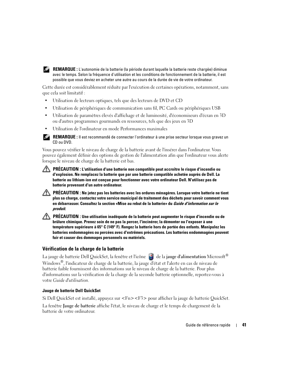 Vérification de la charge de la batterie | Dell Latitude D810 User Manual | Page 41 / 104