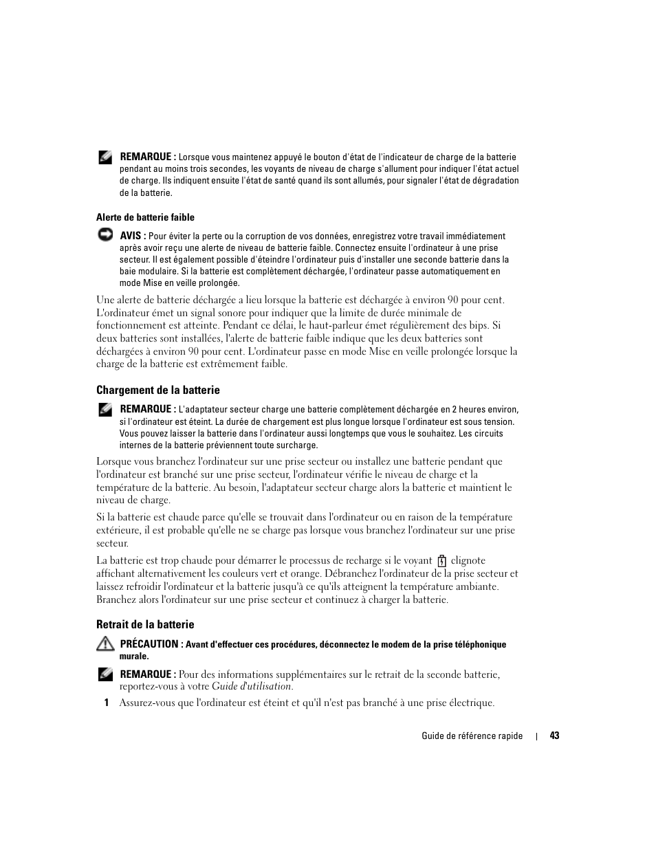 Chargement de la batterie, Retrait de la batterie | Dell Latitude D810 User Manual | Page 43 / 104