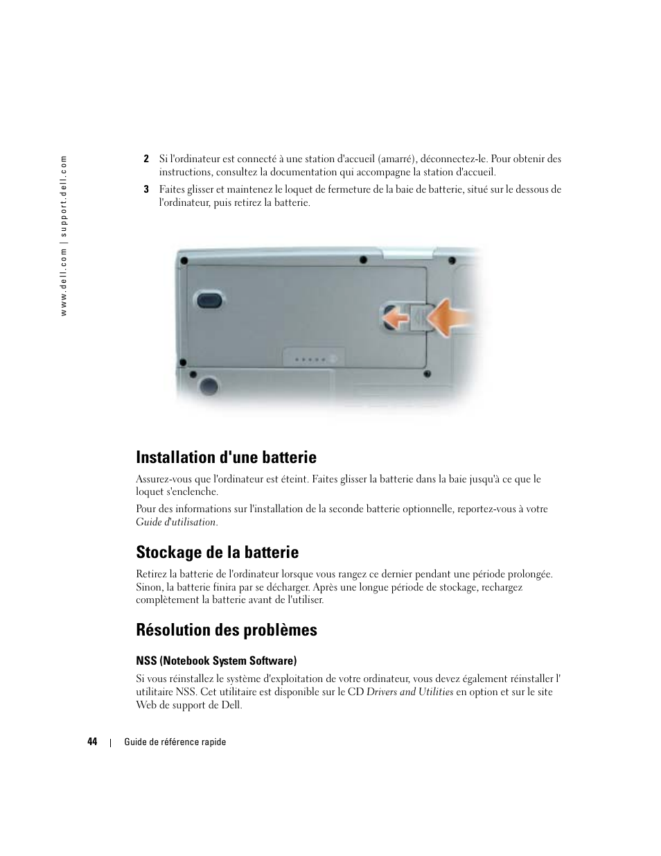 Installation d'une batterie, Stockage de la batterie, Résolution des problèmes | Nss (notebook system software) | Dell Latitude D810 User Manual | Page 44 / 104