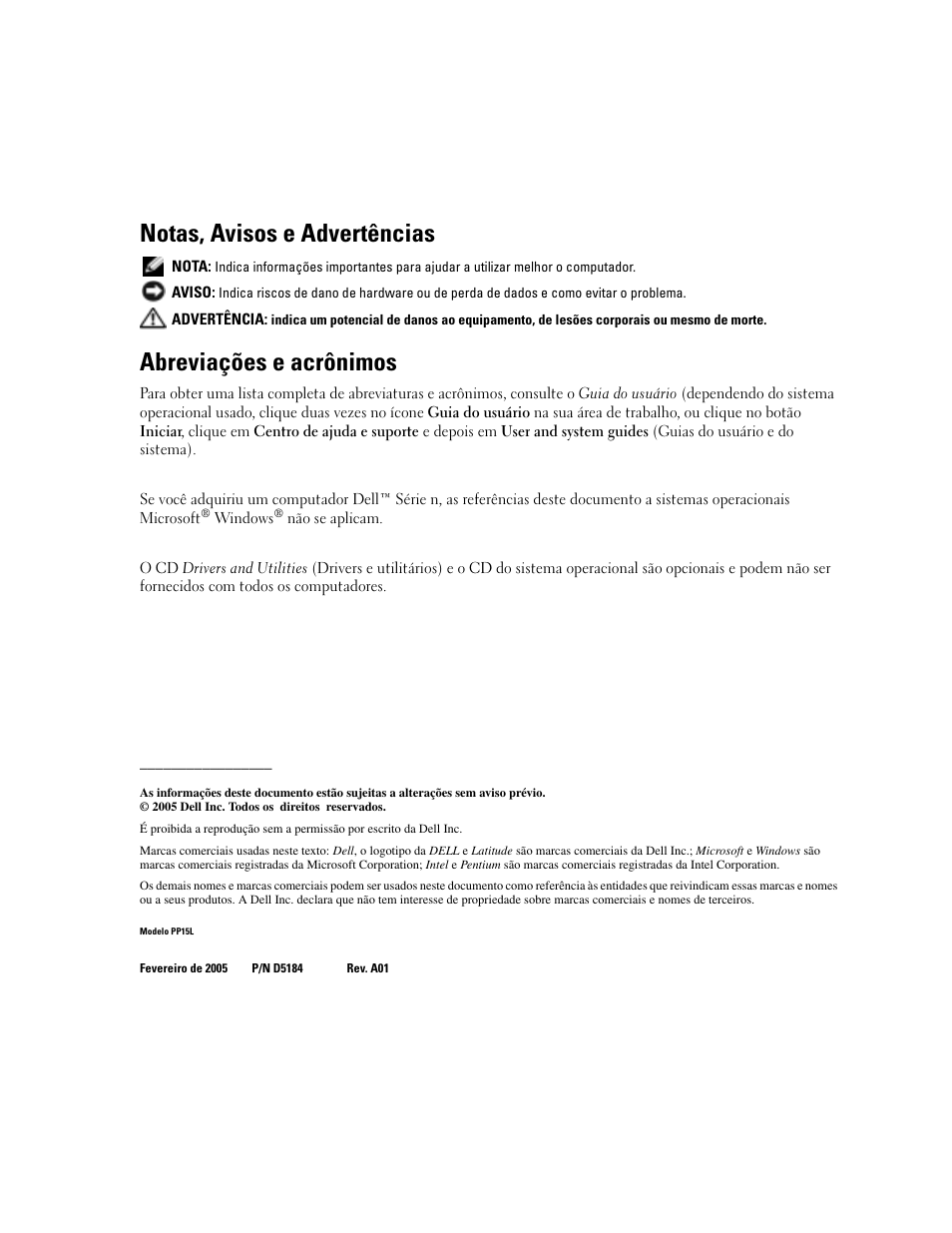 Notas, avisos e advertências, Abreviações e acrônimos | Dell Latitude D810 User Manual | Page 54 / 104