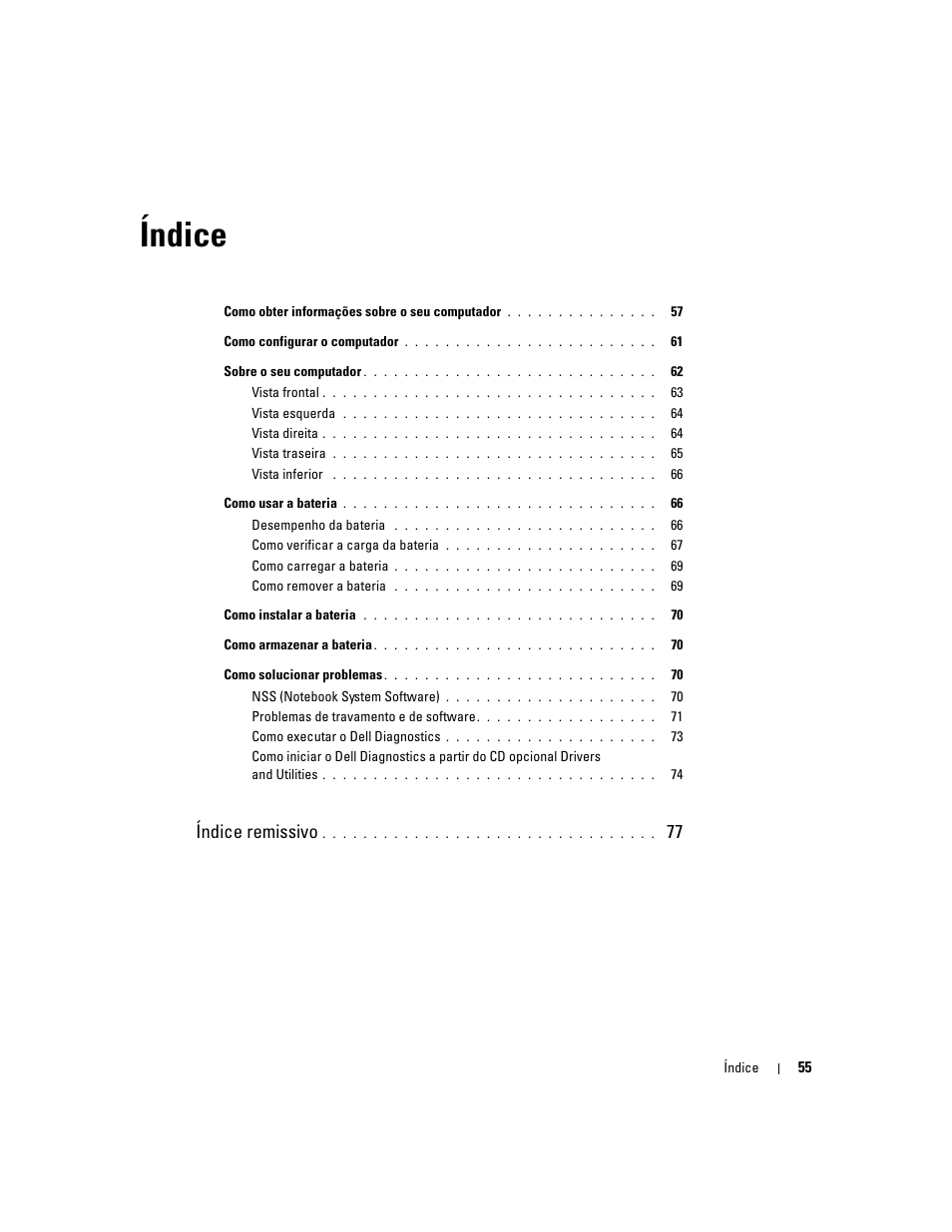 Índice, Índice remissivo | Dell Latitude D810 User Manual | Page 55 / 104
