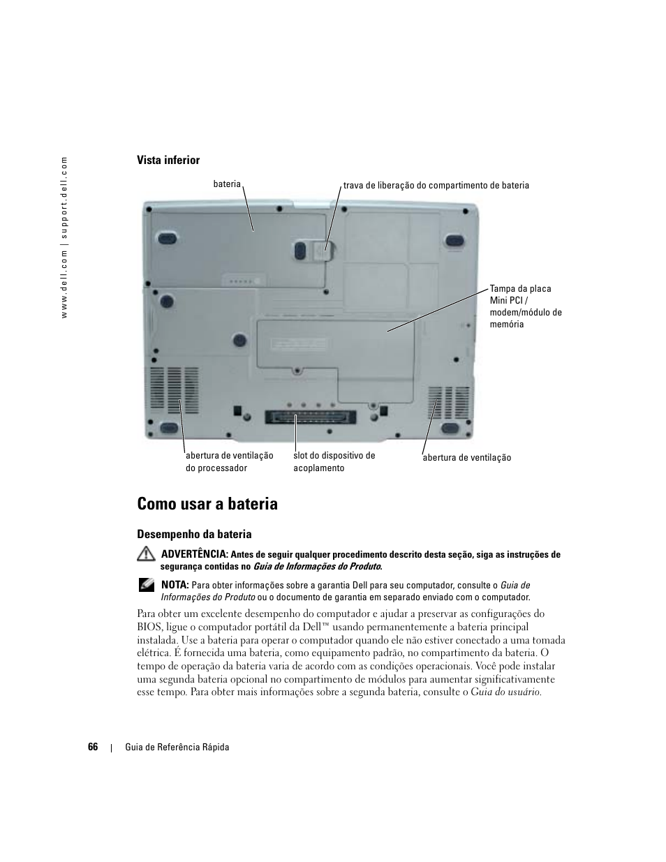 Vista inferior, Como usar a bateria, Desempenho da bateria | Dell Latitude D810 User Manual | Page 66 / 104