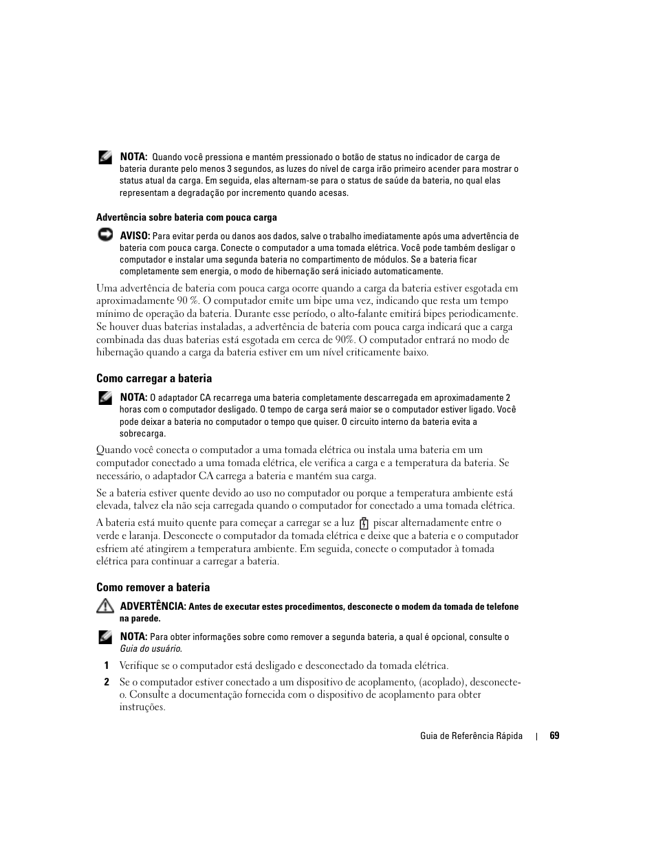 Como carregar a bateria, Como remover a bateria | Dell Latitude D810 User Manual | Page 69 / 104