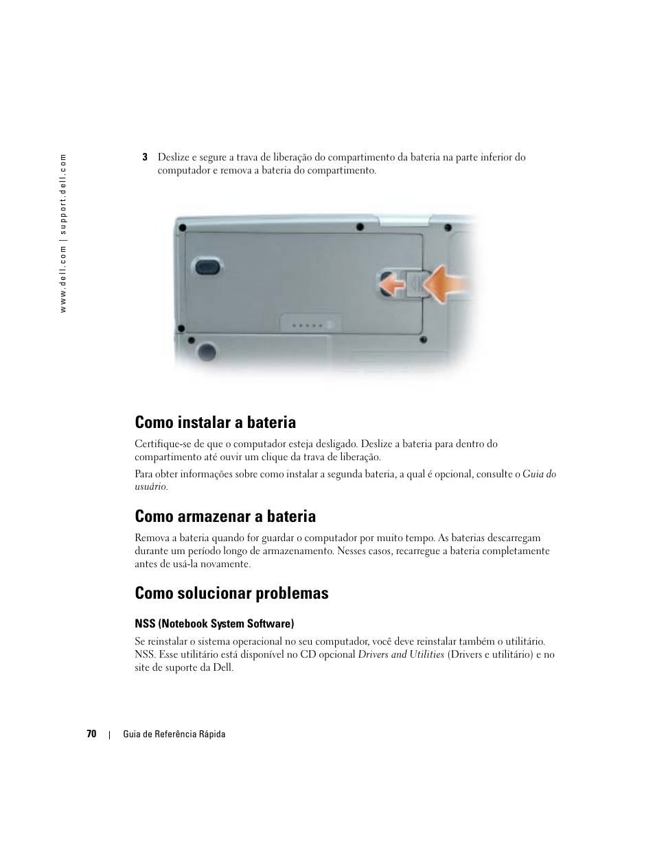 Como instalar a bateria, Como armazenar a bateria, Como solucionar problemas | Nss (notebook system software) | Dell Latitude D810 User Manual | Page 70 / 104