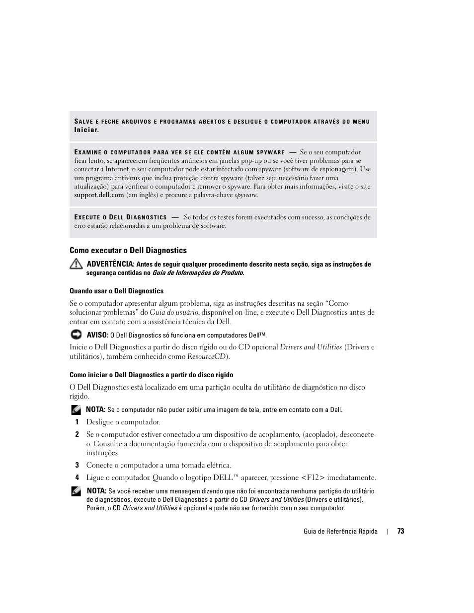 Como executar o dell diagnostics | Dell Latitude D810 User Manual | Page 73 / 104